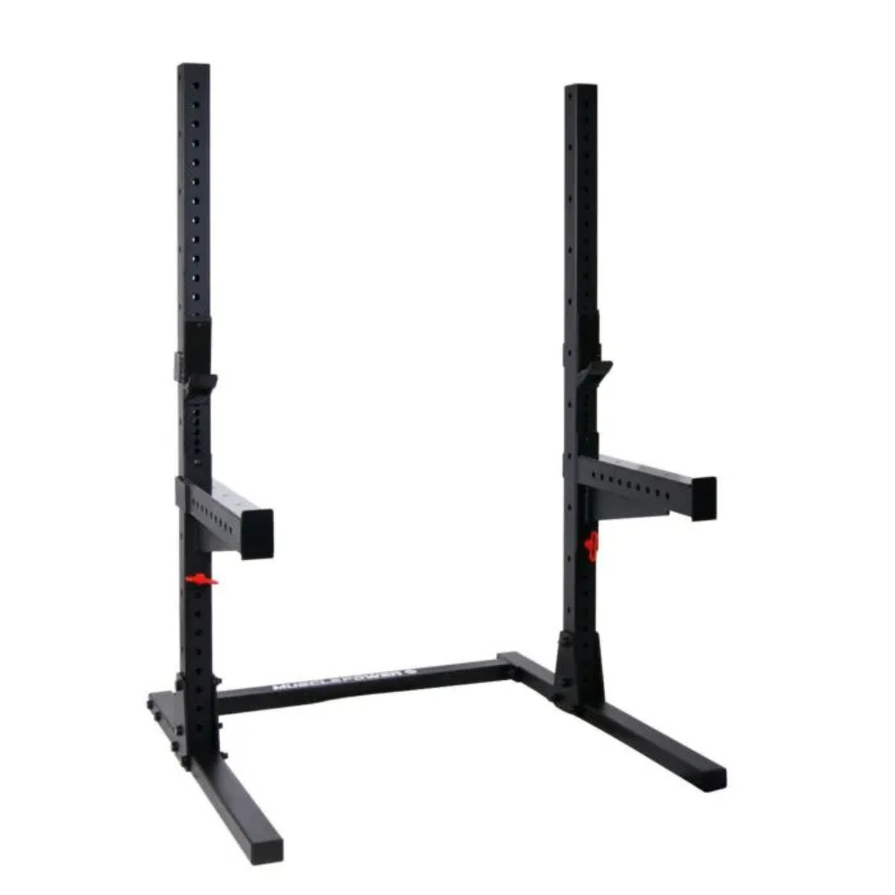 Compact squat rack zwart met halterstang en gewichten