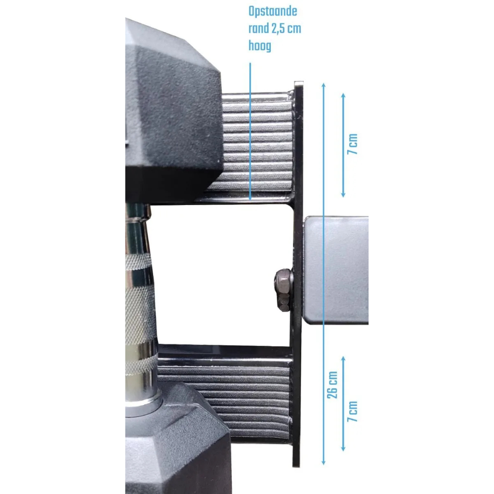Dumbbell rek professioneel voor sportschool en home gym organisatie close up afmetingen