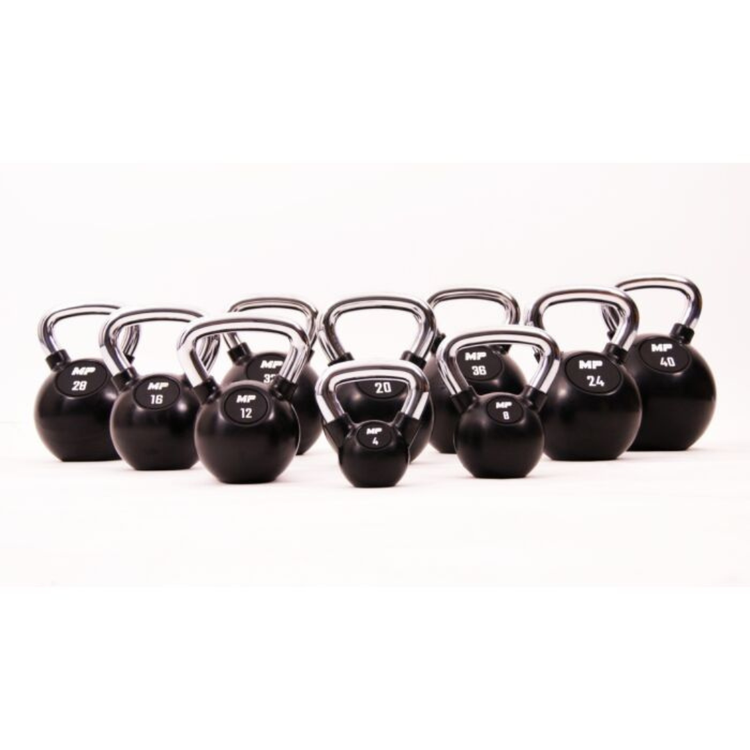 Rubber chrome kettlebells zwart in home gym alle gewichten foto