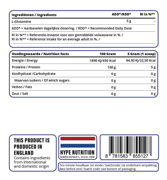 Hype Nutrition L-Glutamin – Reine Aminosäure für Erholung, Darmgesundheit & Immunbalance