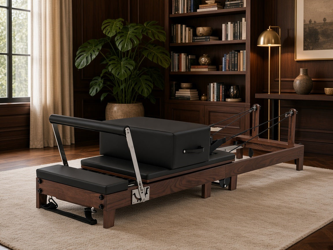 Wood Reformer The Walnut Foldable Black Edition, walnotenhouten pilates reformer met zwarte bekleding in een warm interieur met boekenkast